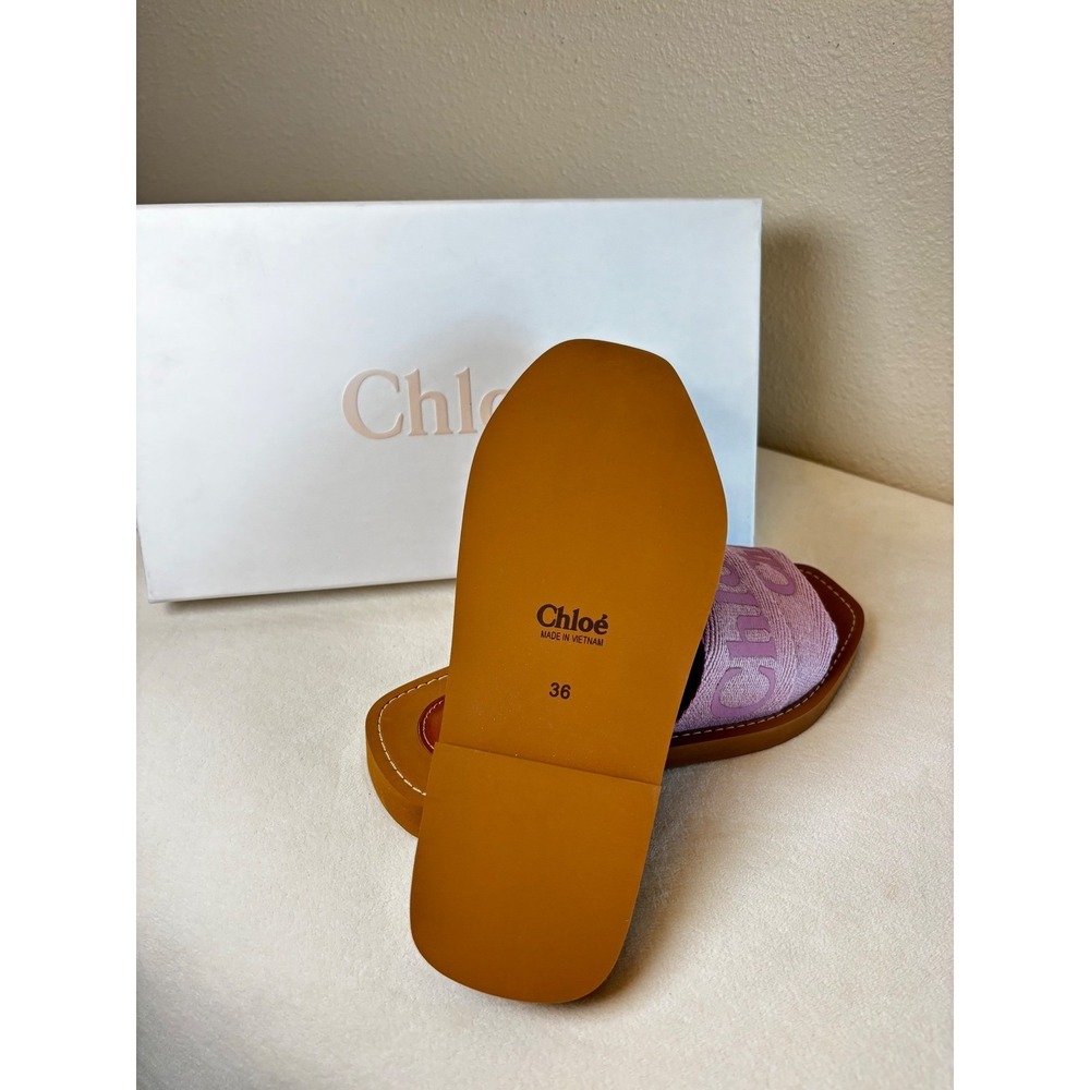 Chloe Woody Flat Slide Sandals Purple Pink Canvas Logo Ribbon Square Toe Italy - Picture 9 of 9